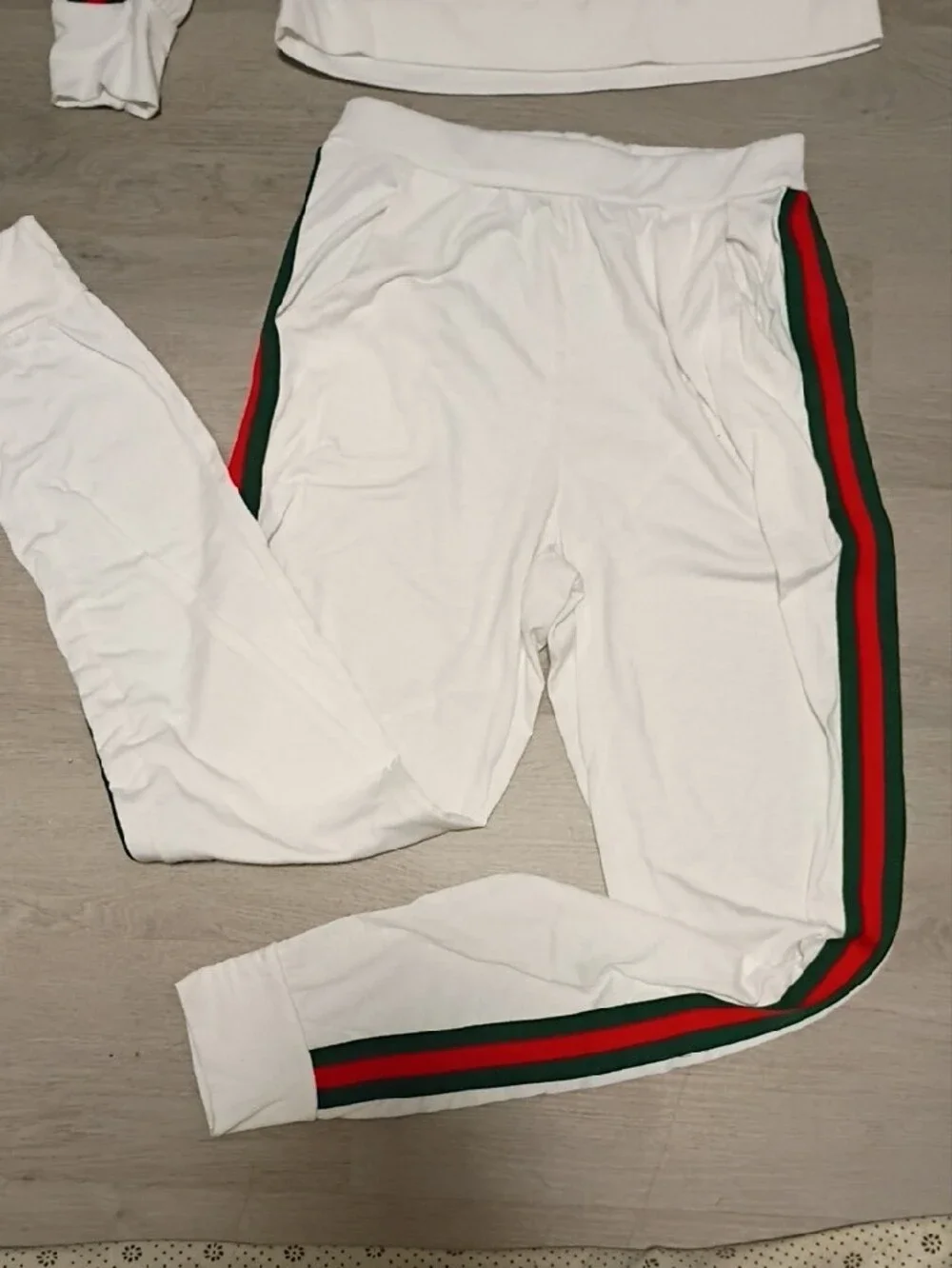 Womans White Hooded Pajama Set with Gucci Red & Green Side Stripes